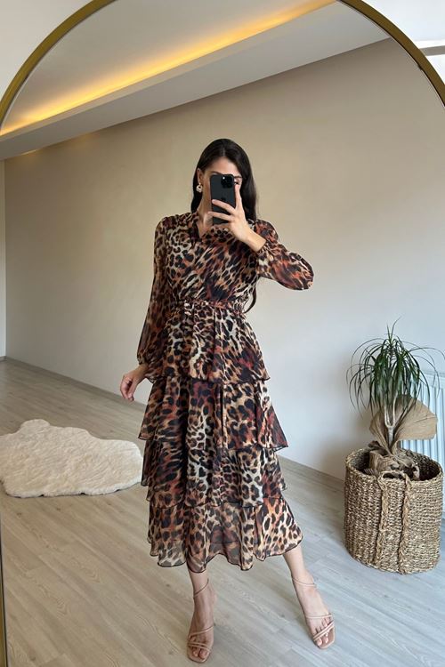 kadın leopar desenli kat kat volanlı şifon elbise NM014
