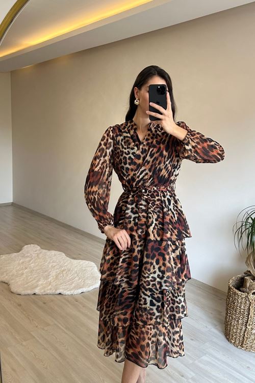 kadın leopar desenli kat kat volanlı şifon elbise NM014