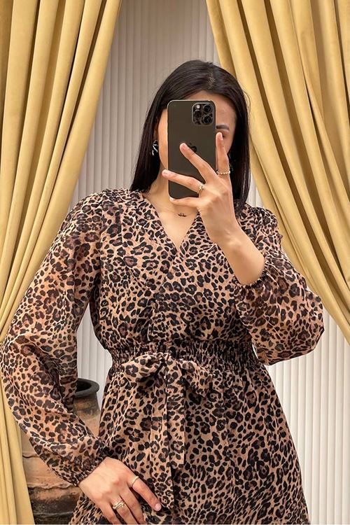 kadın kuşaklı leopar desenli şifon elbise NBMY3709