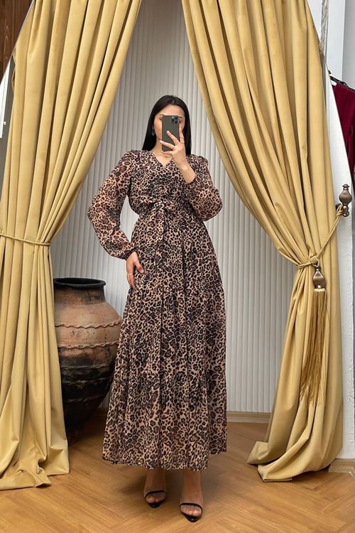 kadın kuşaklı leopar desenli şifon elbise NBMY3709