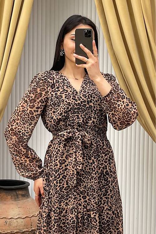 kadın kuşaklı leopar desenli şifon elbise NBMY3709