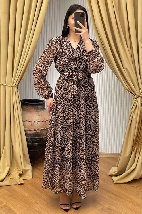 kadın kuşaklı leopar desenli şifon elbise NBMY3709