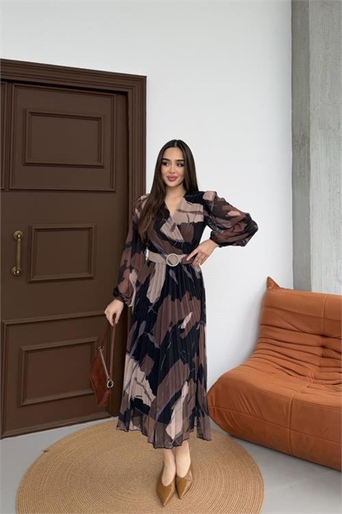 kadın kahverengi beli kemerli piliseli şifon astarlı midi boy elbise NBELB03
