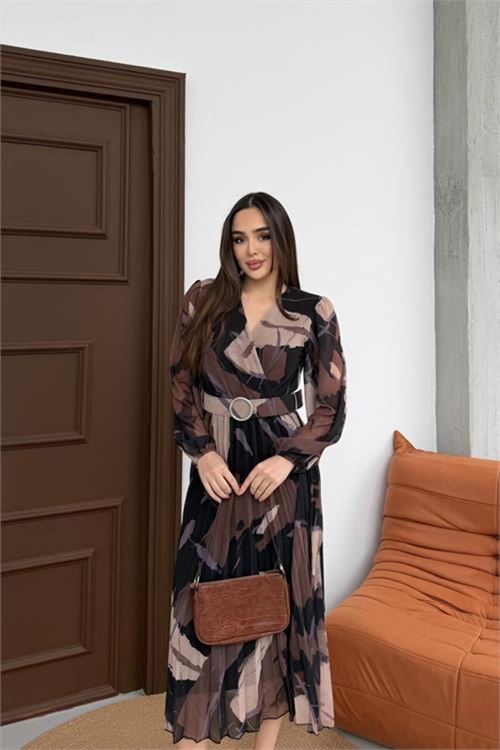 kadın kahverengi beli kemerli piliseli şifon astarlı midi boy elbise NBELB03