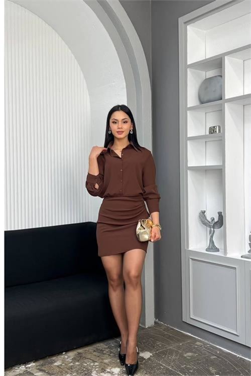 kadın kahverengi gömlek yaka eteği drapeli mini boy düğme detaylı elbise NBMY3869