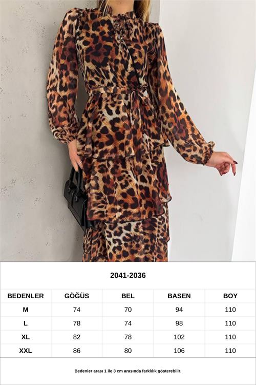 kadın eteği kat kat leopar desenli şifon elbise NBKKLF2036