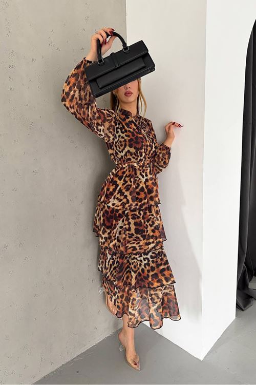 kadın eteği kat kat leopar desenli şifon elbise NBKKLF2036