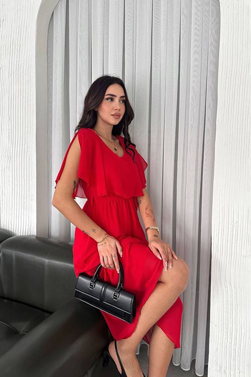 kadın kuşaklı midi boy şifon elbise NBK4116