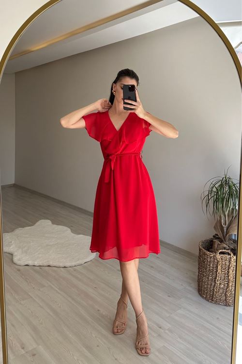 kadın v yaka kuşaklı mini şifon elbise NM007