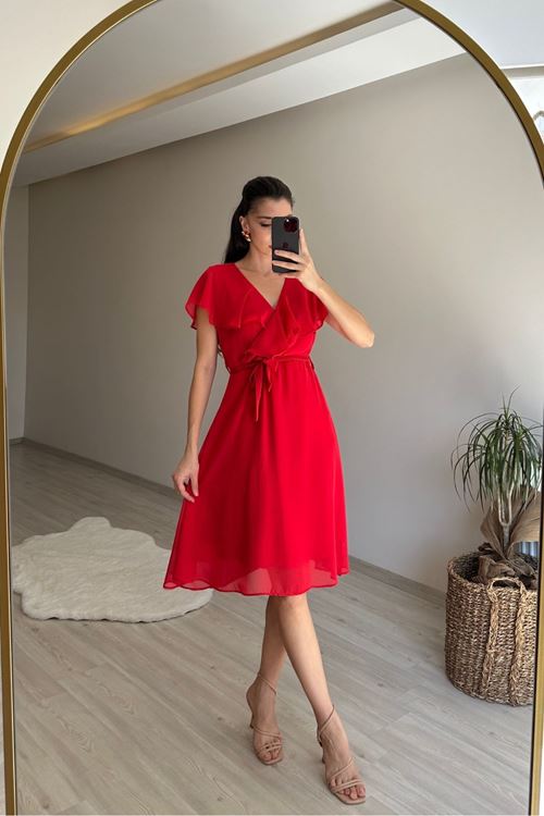 kadın v yaka kuşaklı mini şifon elbise NM007
