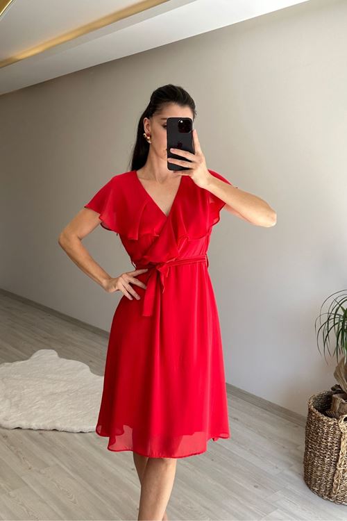 kadın v yaka kuşaklı mini şifon elbise NM007