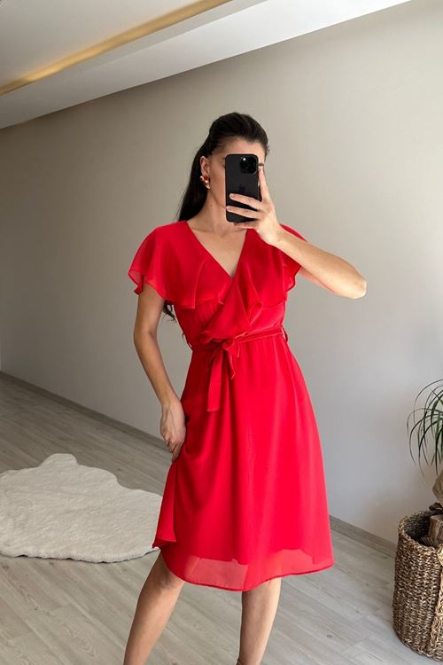 kadın v yaka kuşaklı mini şifon elbise NM007