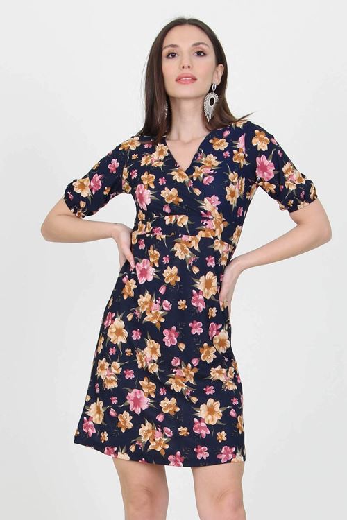 Kadın Kruvaze Yaka Çiçek Desenli Örme Krep Mini Elbise Nb100221