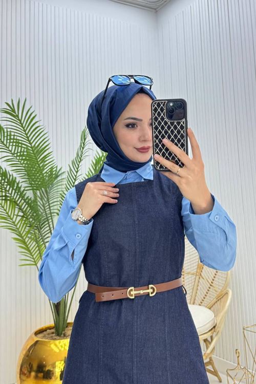 kadın kemerli denim jile gömlek tesettür takım NMS073