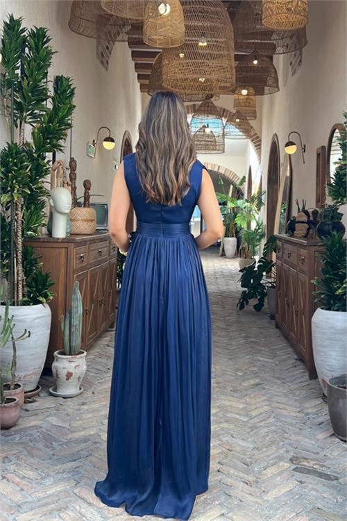 kadın lacivert kruvaze yaka maxi boy premium elbise RYMY4057
