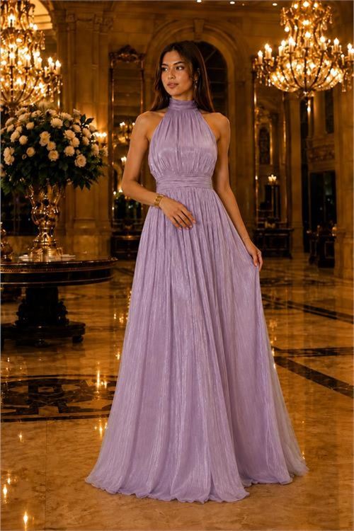 kadın lila halter yaka janjan kumaş premium abiye elbise NBMY4128