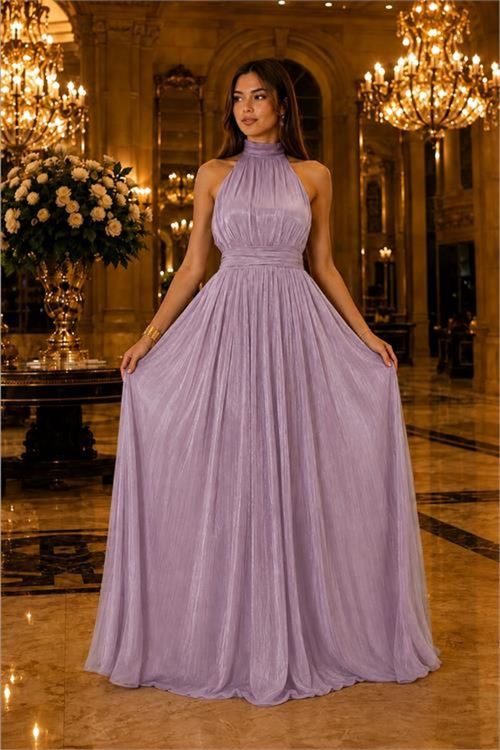 kadın lila halter yaka janjan kumaş premium abiye elbise NBMY4128