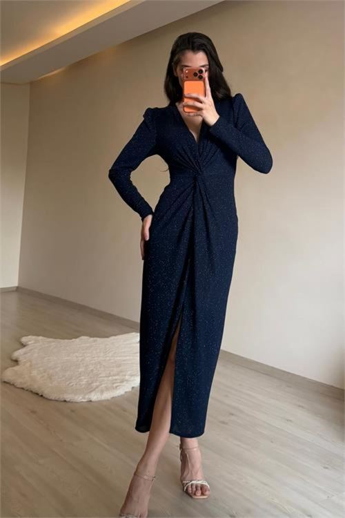 kadın mavi bel büzgü detaylı yırtmaçlı midi boy abiye elbise NM027