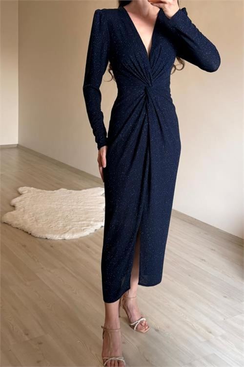 kadın mavi bel büzgü detaylı yırtmaçlı midi boy abiye elbise NM027