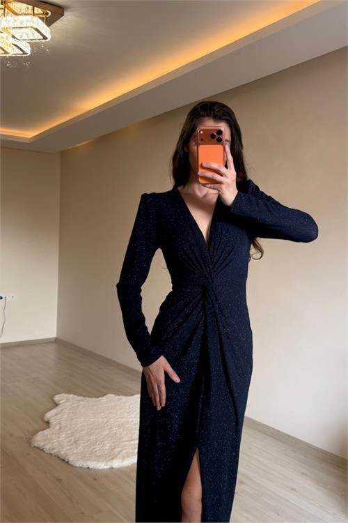 kadın mavi bel büzgü detaylı yırtmaçlı midi boy abiye elbise NM027