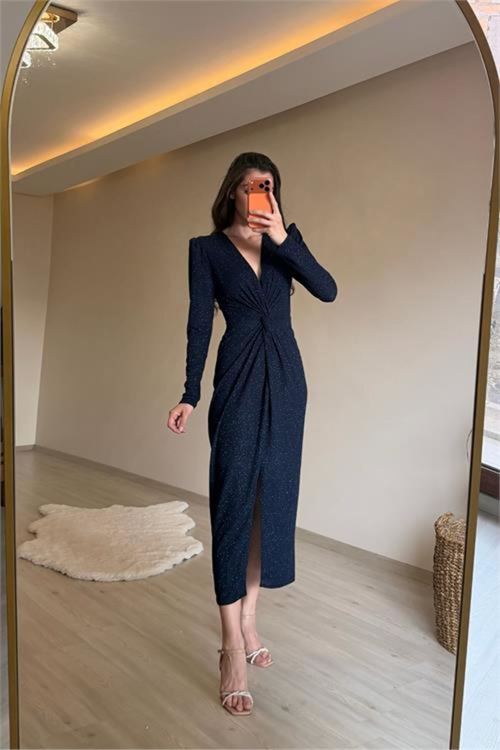 kadın mavi bel büzgü detaylı yırtmaçlı midi boy abiye elbise NM027