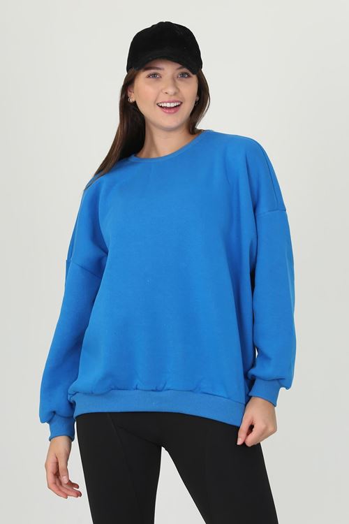 Kadın Mavi Oversize Bisiklet Yaka Şardonlu Sweatshirt Fvr001