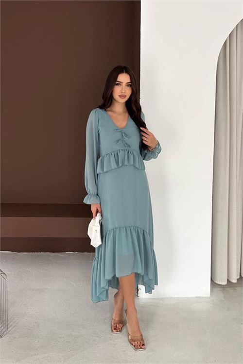 kadın mint yeşili fiyonk detaylı v yaka volanlı midi boy şifon elbise