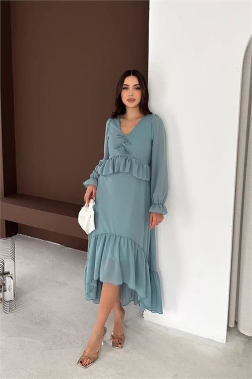 kadın mint yeşili fiyonk detaylı v yaka volanlı midi boy şifon elbise
