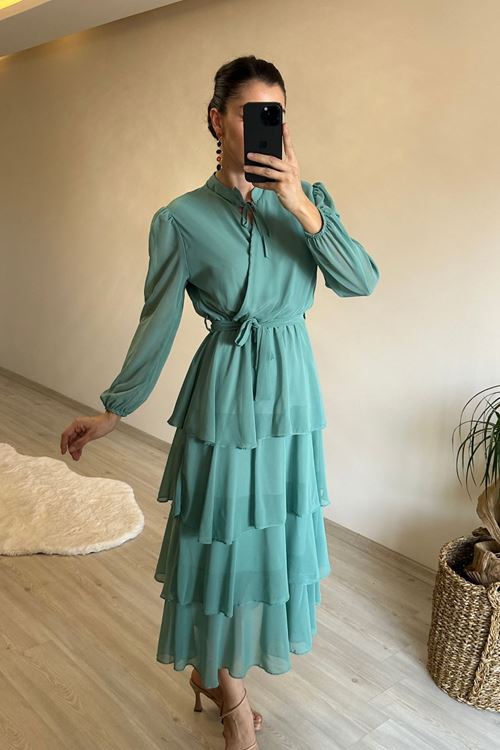 kadın kat kat volanlı kuşaklı midi şifon elbise NM004