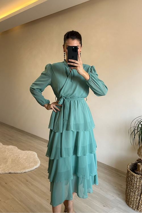 kadın kat kat volanlı kuşaklı midi şifon elbise NM004