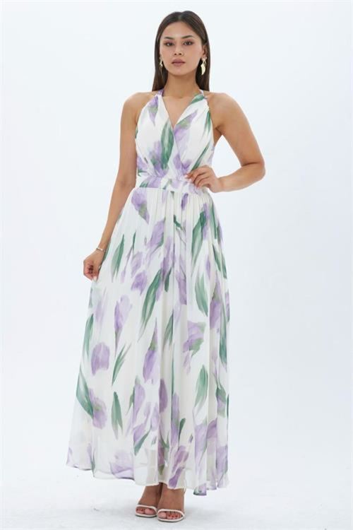 kadın mor yaprak desen halter yaka maxi boy elbise NBMY4122