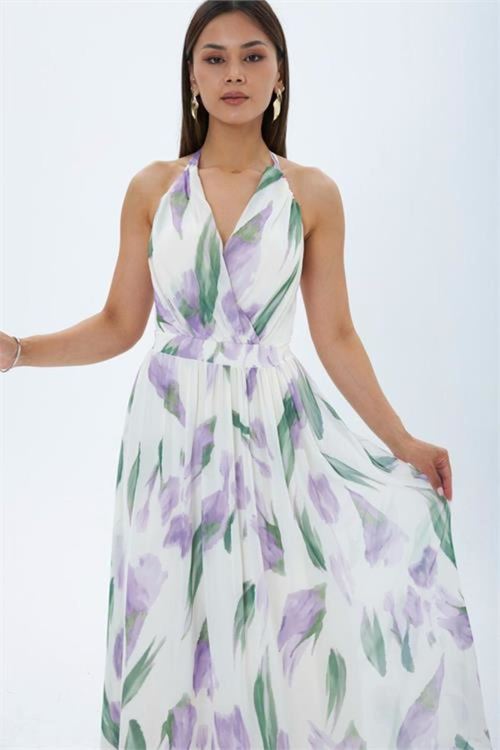 kadın mor yaprak desen halter yaka maxi boy elbise NBMY4122