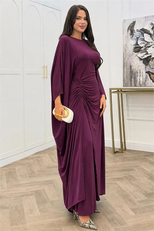 kadın mürdüm büzgü detaylı premium tunik pantolon tesettür takım NMS103