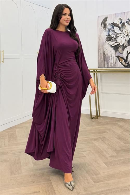 kadın mürdüm büzgü detaylı premium tunik pantolon tesettür takım NMS103