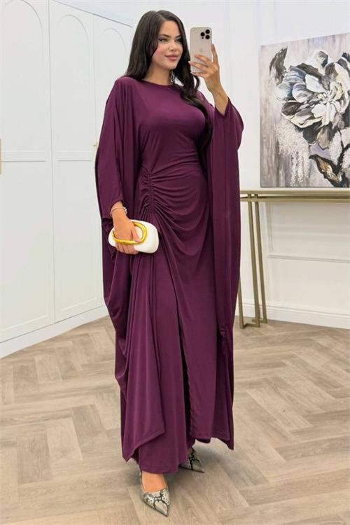 kadın mürdüm büzgü detaylı premium tunik pantolon tesettür takım NMS103