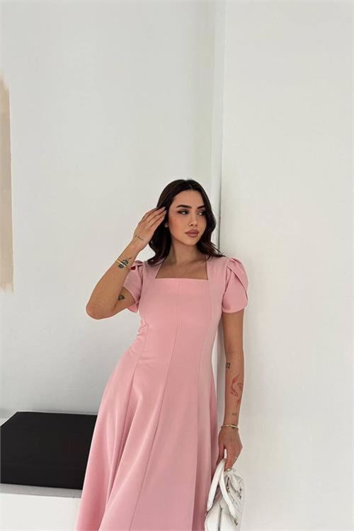 kadın pembe kare yaka balon kol midi boy elbise NBK4550
