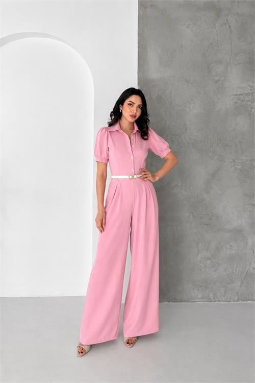 kadın pembe gömlek yaka kemerli geniş paça tulum NBK4197