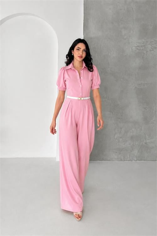 kadın pembe gömlek yaka kemerli geniş paça tulum NBK4197