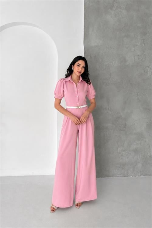 kadın pembe gömlek yaka kemerli geniş paça tulum NBK4197