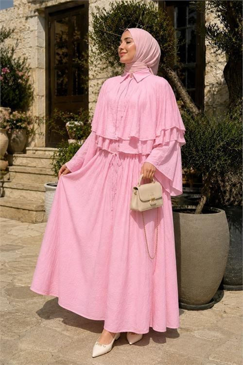 kadın pembe kat kat pelerin detaylı tül modal gömlek yaka tesettür elbise NBVQ4968