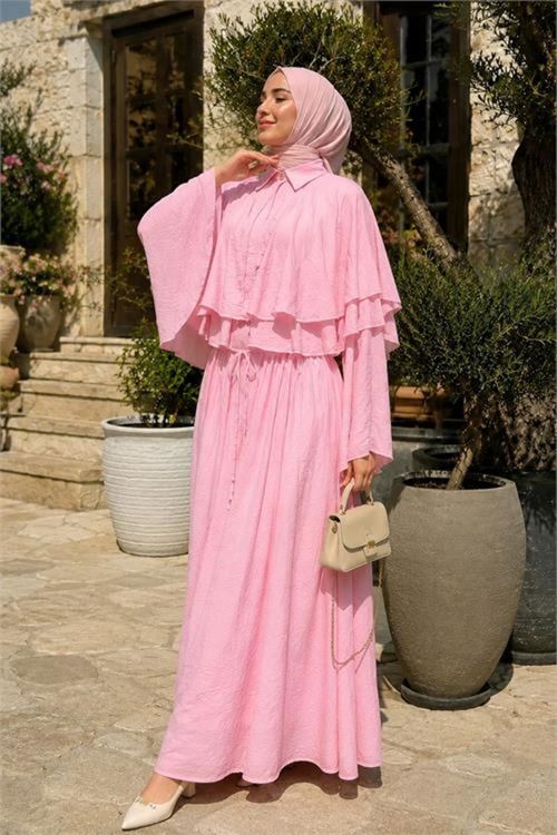 kadın pembe kat kat pelerin detaylı tül modal gömlek yaka tesettür elbise NBVQ4968