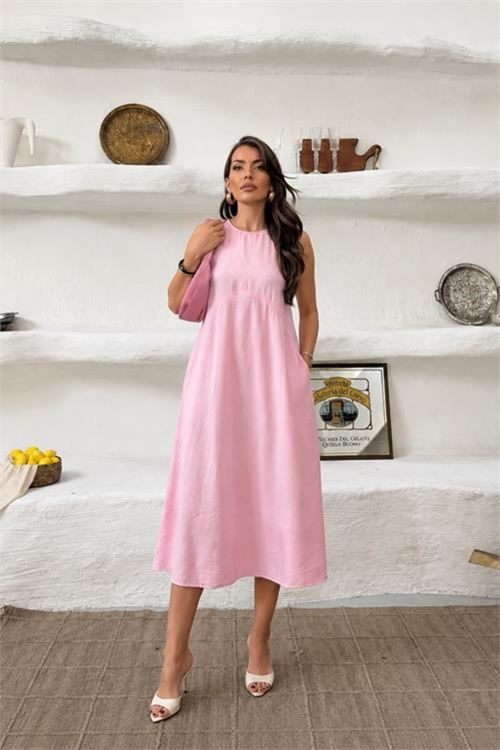 kadın pembe cep detaylı kolsuz oversize yazlık elbise NBNP038