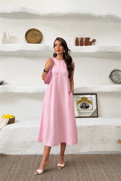 kadın pembe cep detaylı kolsuz oversize yazlık elbise NBNP038