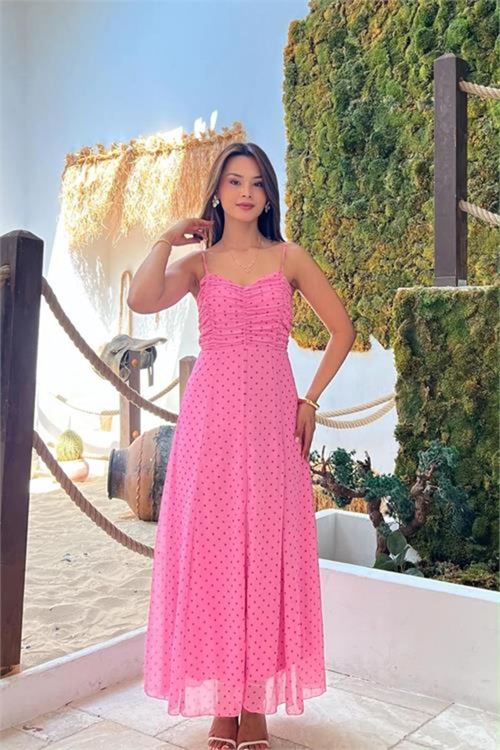kadın pembe ince askılı puantiye desen göğüs drapeli midi boy elbise NBMY4037