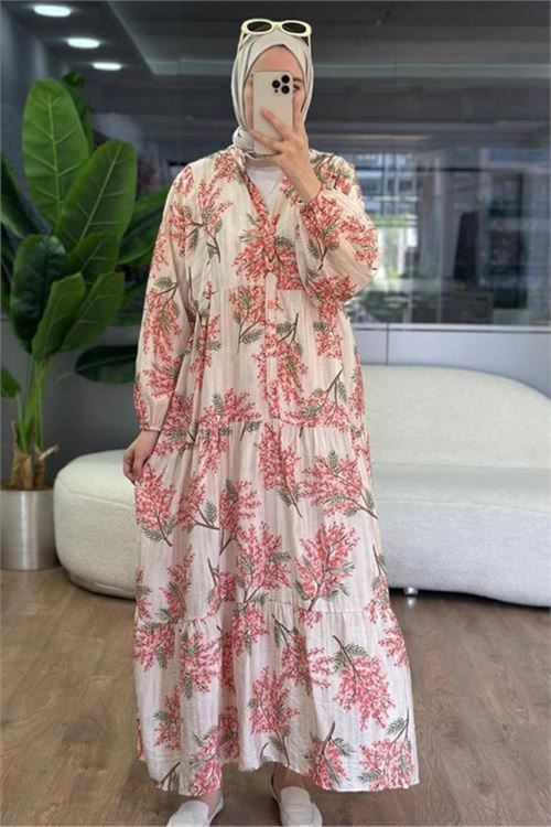 kadın pembe hakim yaka düğmeli viskon çiçek desenli tesettür elbise NMS099