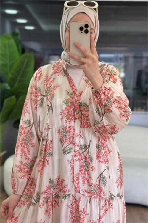 kadın pembe hakim yaka düğmeli viskon çiçek desenli tesettür elbise NMS099