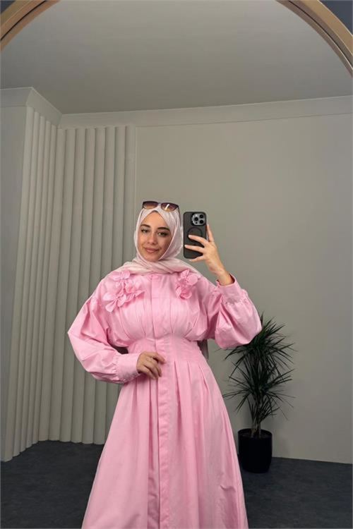 kadın pembe belden oturtmalı çiçek detaylı premium tesettür elbise NBVQ4933