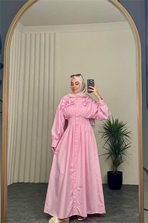 kadın pembe belden oturtmalı çiçek detaylı premium tesettür elbise NBVQ4933