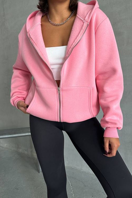 kadın pembe kapuşonlu içi pamuklu sweat NBG030