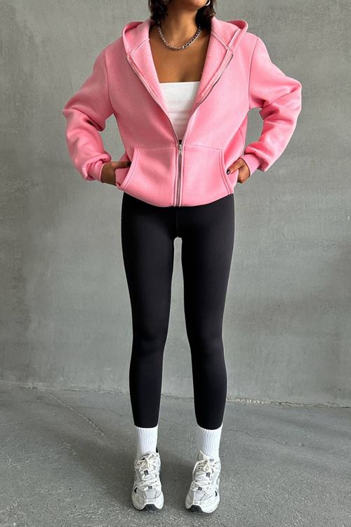 kadın pembe kapuşonlu içi pamuklu sweat NBG030
